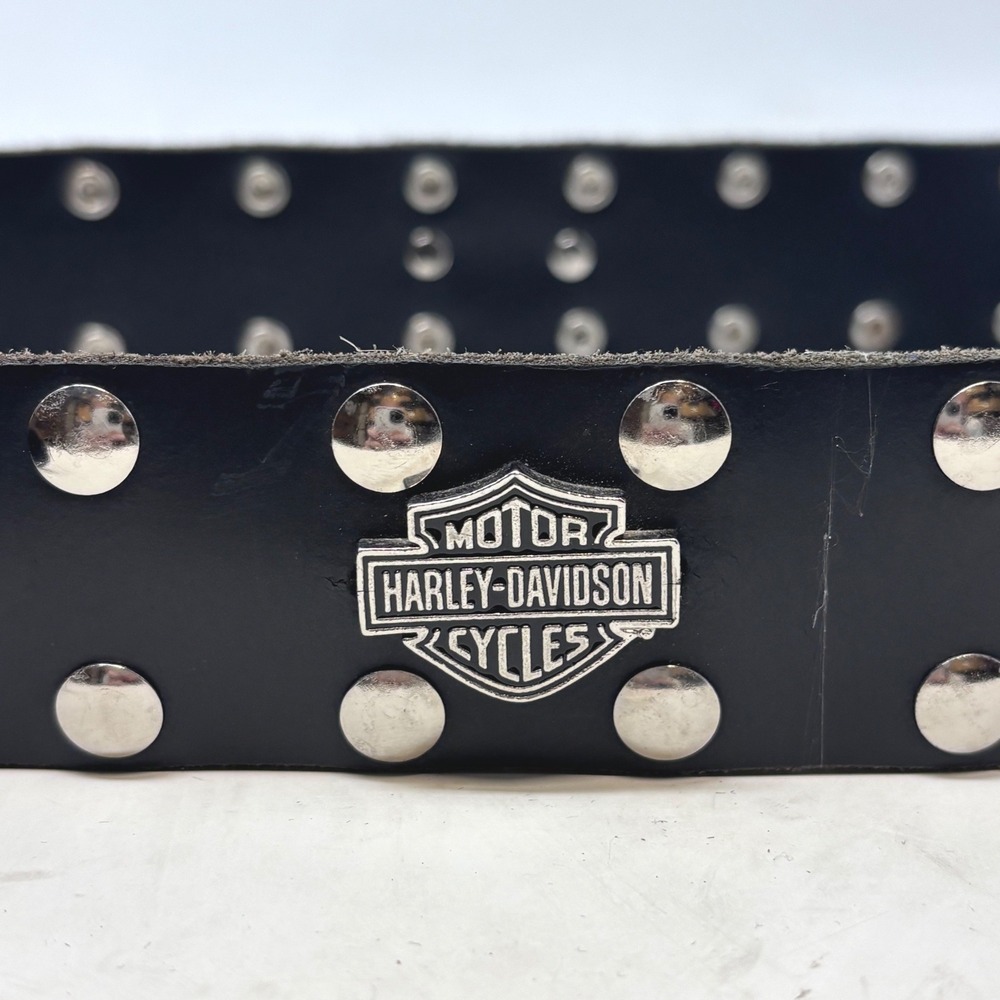 Harley Davidson Mens Black Studded Leather Belt Size 36 Made in USA Biker Logo